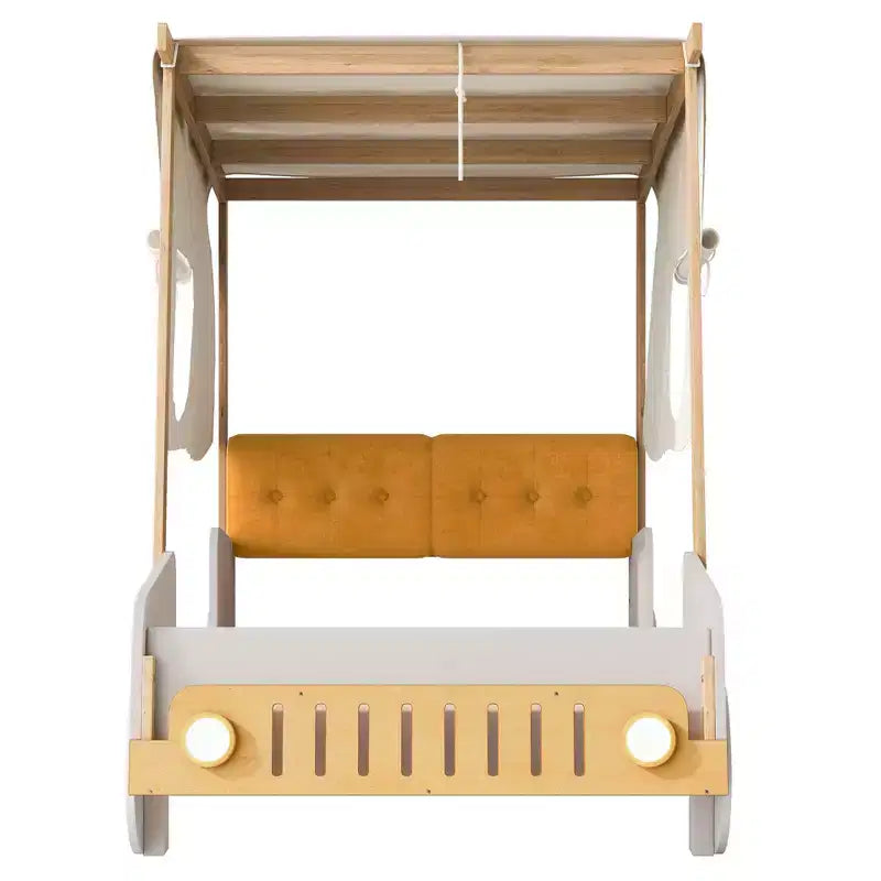 Letto a forma di Auto Whisen in Legno con Cuscino, Baldacchino in Tessuto e LED - Naturale