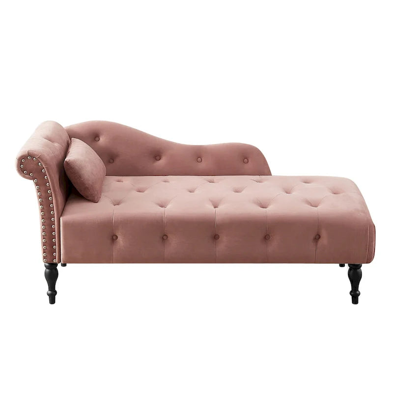Moderna poltrona a sdraio imbottita in velluto da 60,6" con bottoni capitonné, gambe in legno massello e borchie