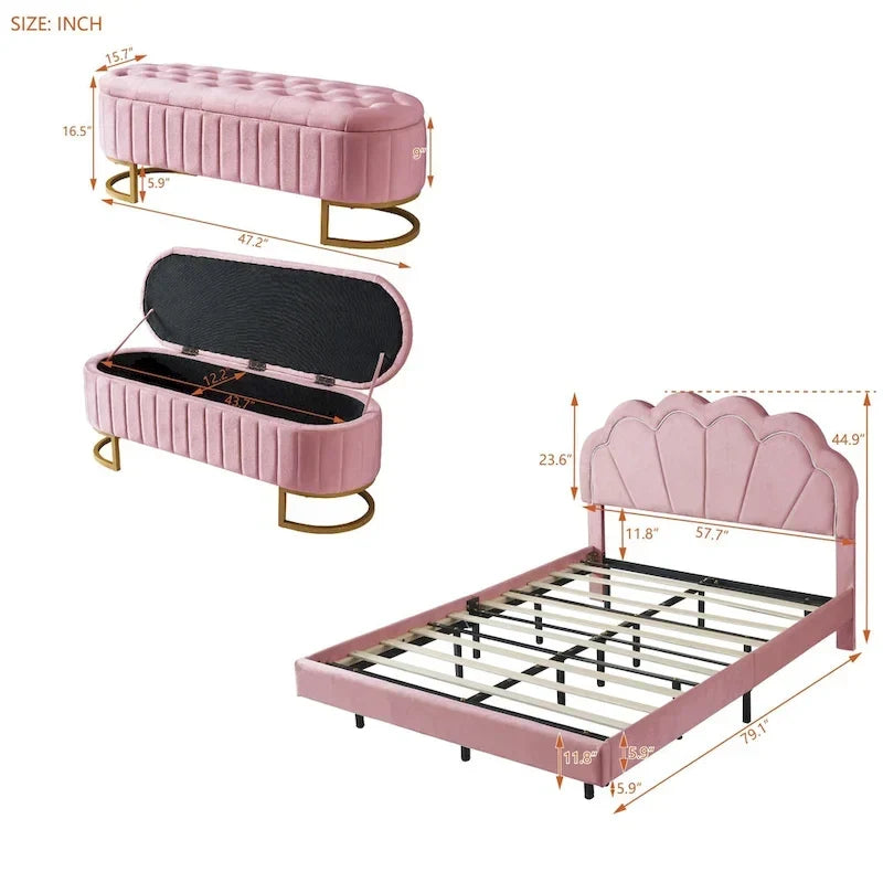 Comodino a 2 Pezzi Letto a Piattaforma Matrimoniale a LED con Pouf Contenitore