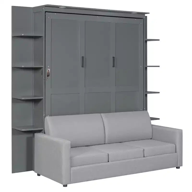 Letto a scomparsa Queen Murphy con divano, letto a scomparsa Queen Size con armadio, letto a parete pieghevole con libreria e mensole per camera degli ospiti o ufficio