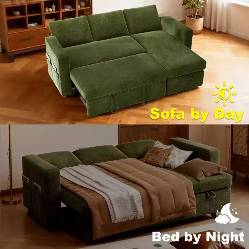 Divano Letto Estraibile 2 in 1 con Chaise Longue Contenitore, Divano Componibile in Ciniglia con Porte USB per Soggiorno