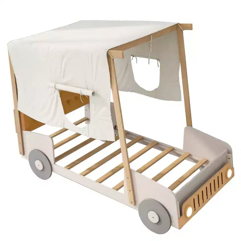 Letto a forma di Auto Whisen in Legno con Cuscino, Baldacchino in Tessuto e LED - Naturale