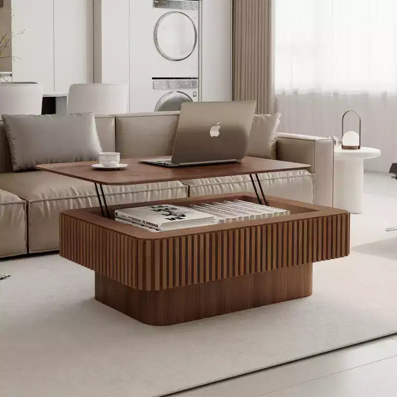 JVNOXK 38.6'' Tavolino da caffè con piano sollevabile e scanalature, con spazio contenitivo, impiallacciatura in legno massello, altezza regolabile, tavolino moderno per soggiorno, camera da letto, noce