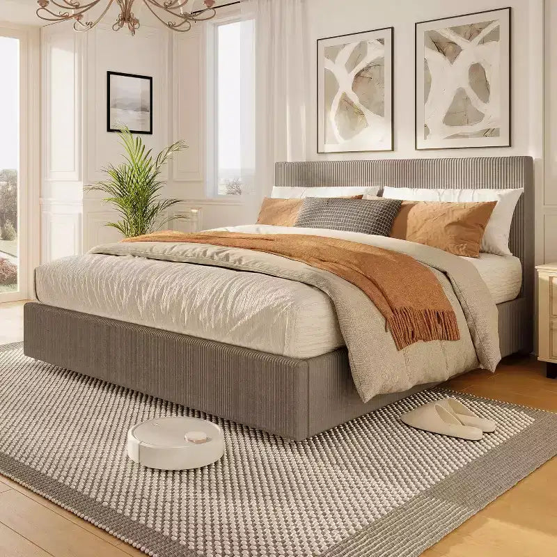 CuisinSmart - Struttura letto in velluto a coste con testiera, struttura letto imbottita con piattaforma con 4 cassetti portaoggetti e supporto a doghe in legno