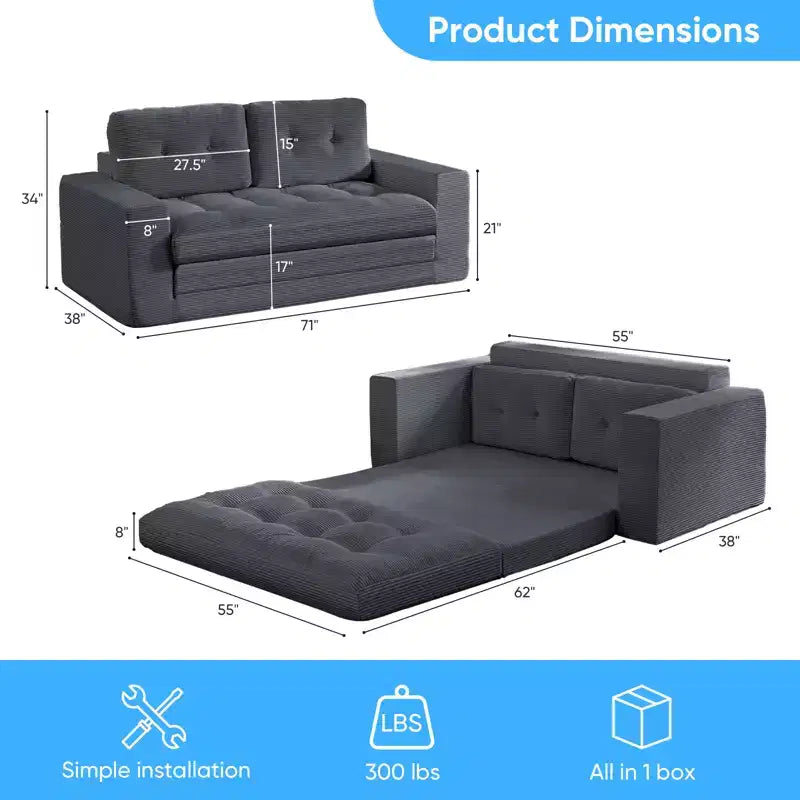 Mjkone Divano letto futon convertibile 2 in 1 da 180 cm, in tessuto a coste, pieghevole, con bottoni trapuntati, divanetto salvaspazio