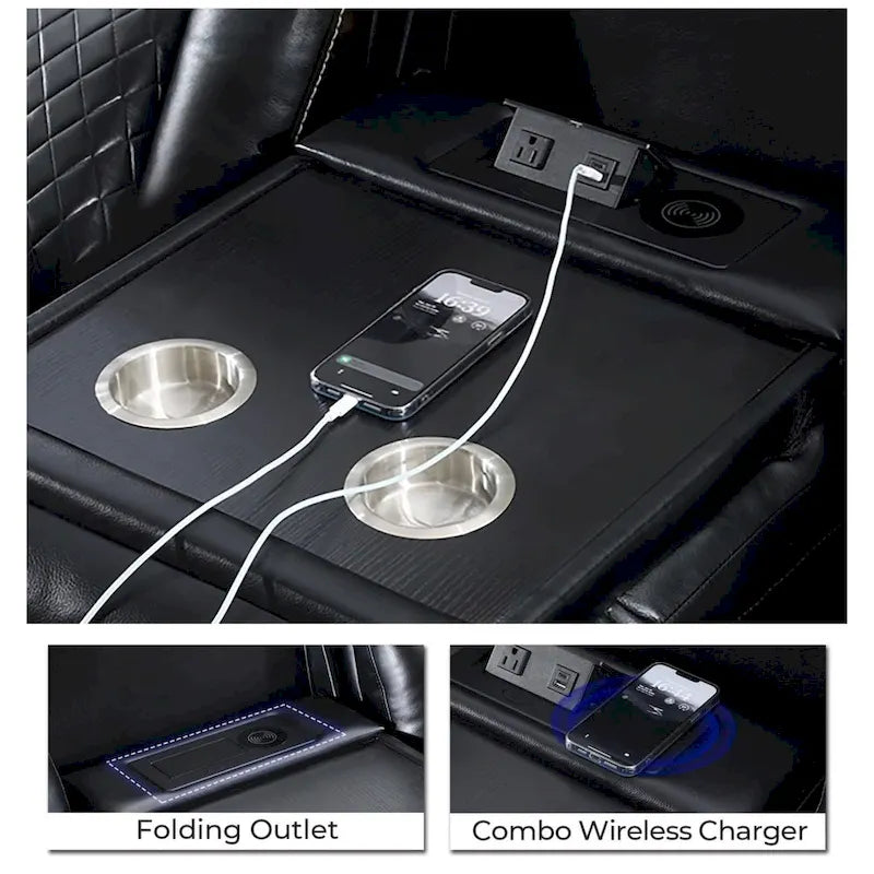 Divano Reclinabile Elettrico con Caricatore Wireless, Luce da Lettura per Soggiorno, Luce LED in Similpelle, Porta AC/USB, Portabicchieri, Nero