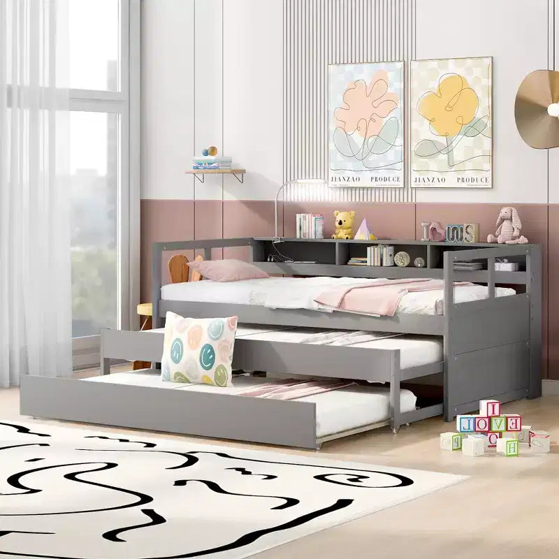 Whisen Twin XL Daybed in Legno con 2 Letti Estraibili, 3 Vani portaoggetti, 1 Luce Gratuita e USB per la Ricarica