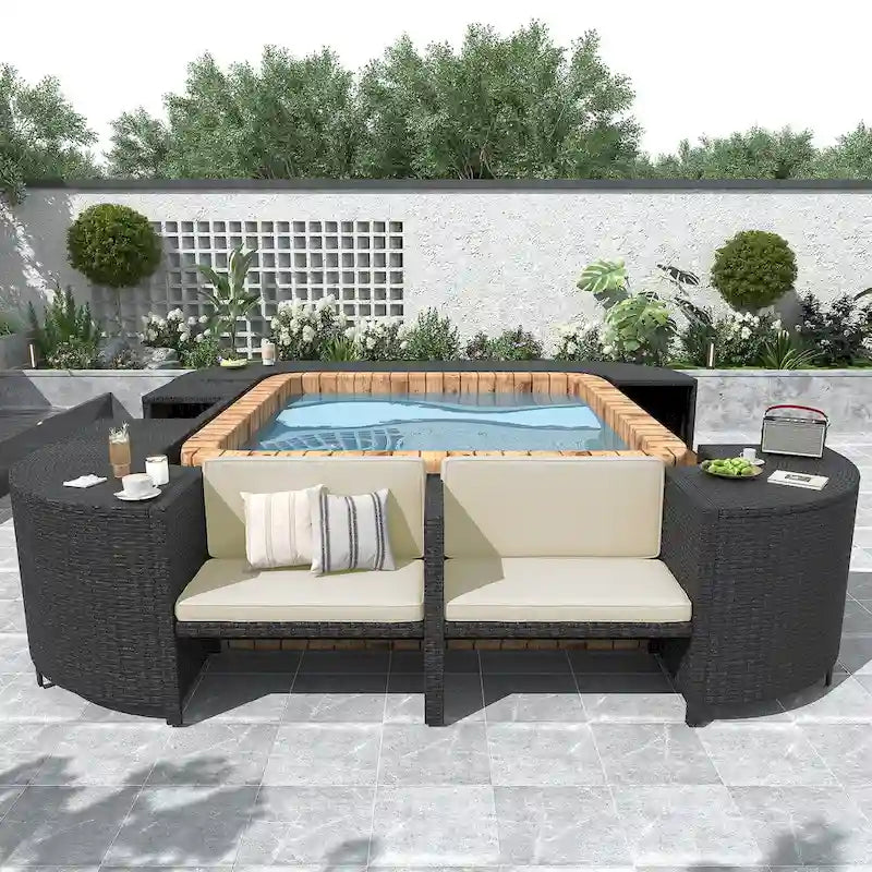 Cornice perimetrale per vasca idromassaggio a sezione quadrilatera in rattan per esterni