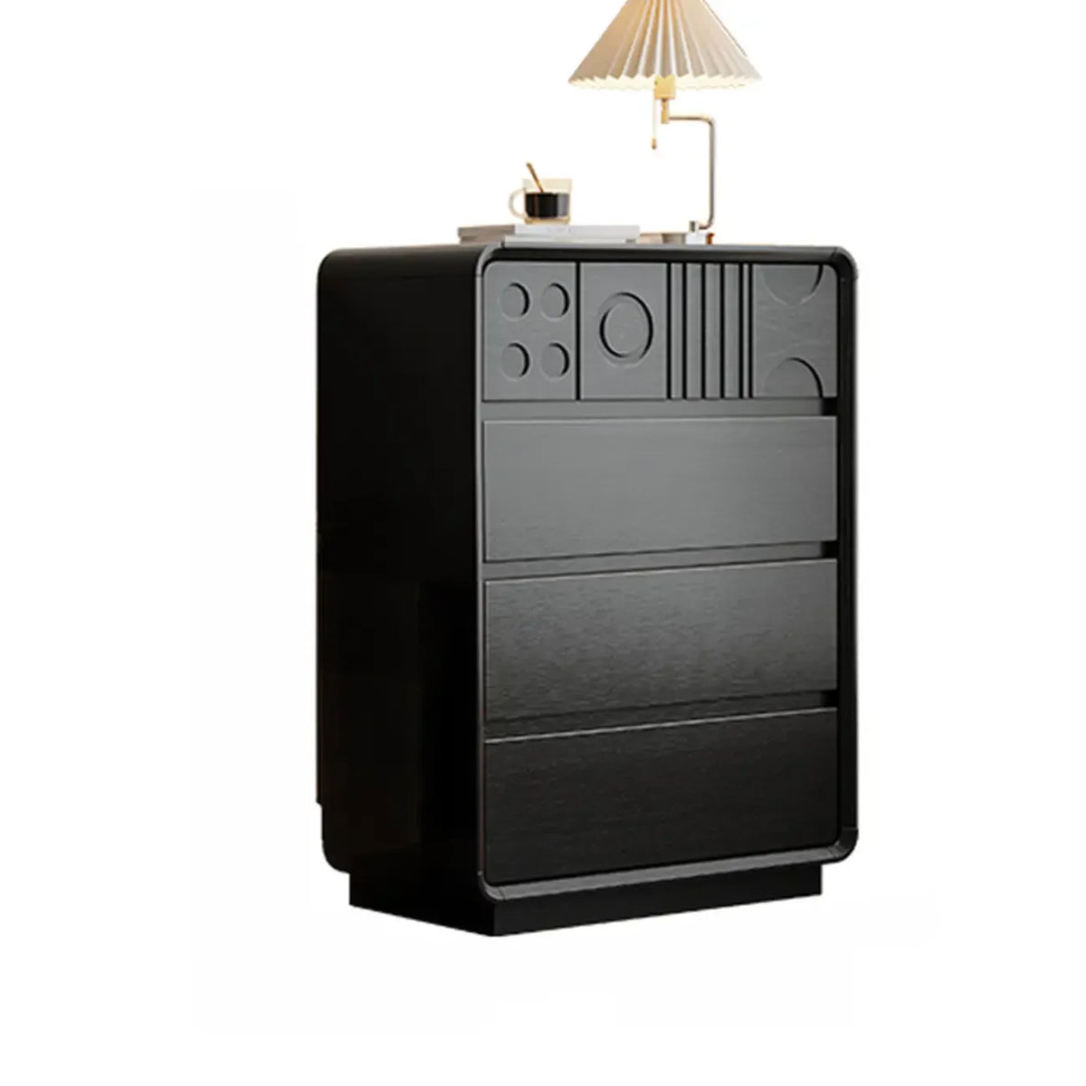 Cassettiera in legno ispirata all'Art Déco con intagli geometrici