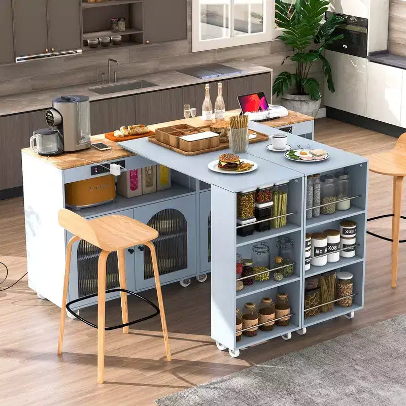 Isola da Cucina con Ruote e 2 Ante in Vetro, Carrello da Cucina con Tavolo Estensibile e Prese di Corrente, Isola da Cucina con Ripiani Laterali Aperti