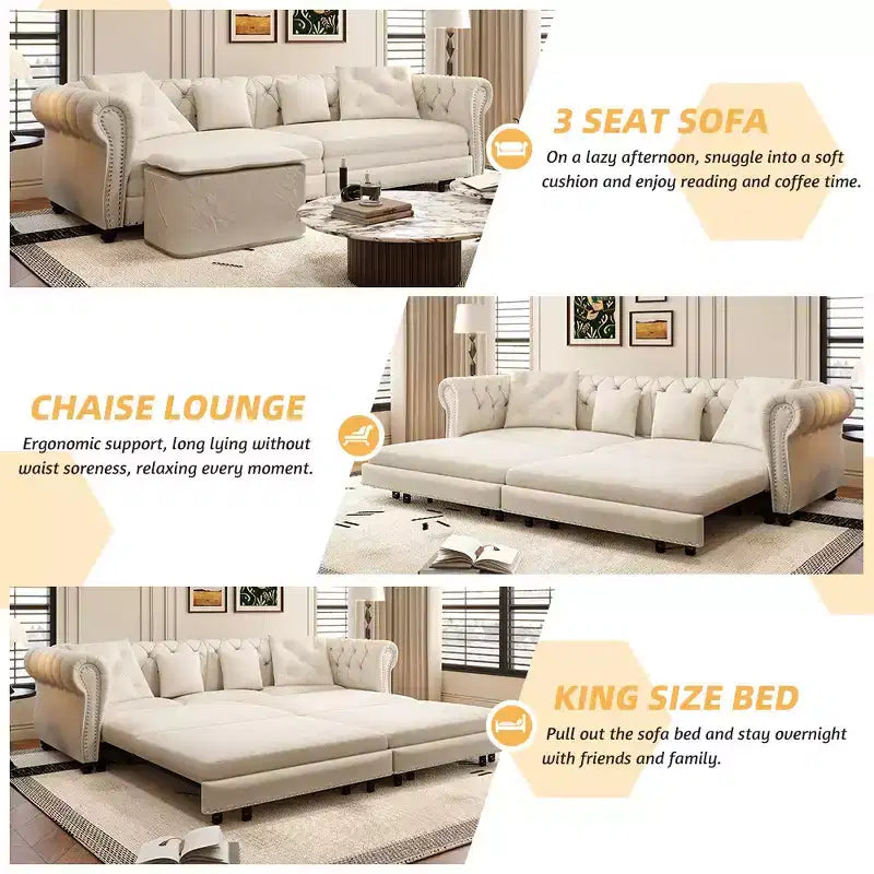 Divano Letto Estraibile 3-in-1 King Size in Velluto Whisen e Divano Letto Convertibile con Ottomana Mobile, Design Trapuntato