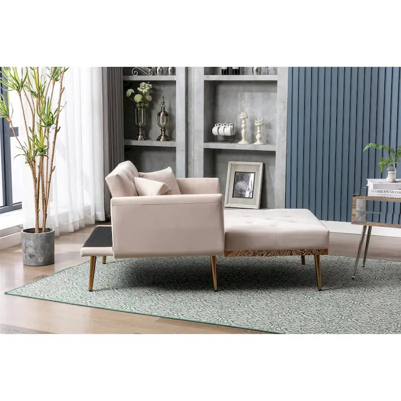 Divano letto-poltrona in velluto trapuntato con piedini color oro rosa per salotto