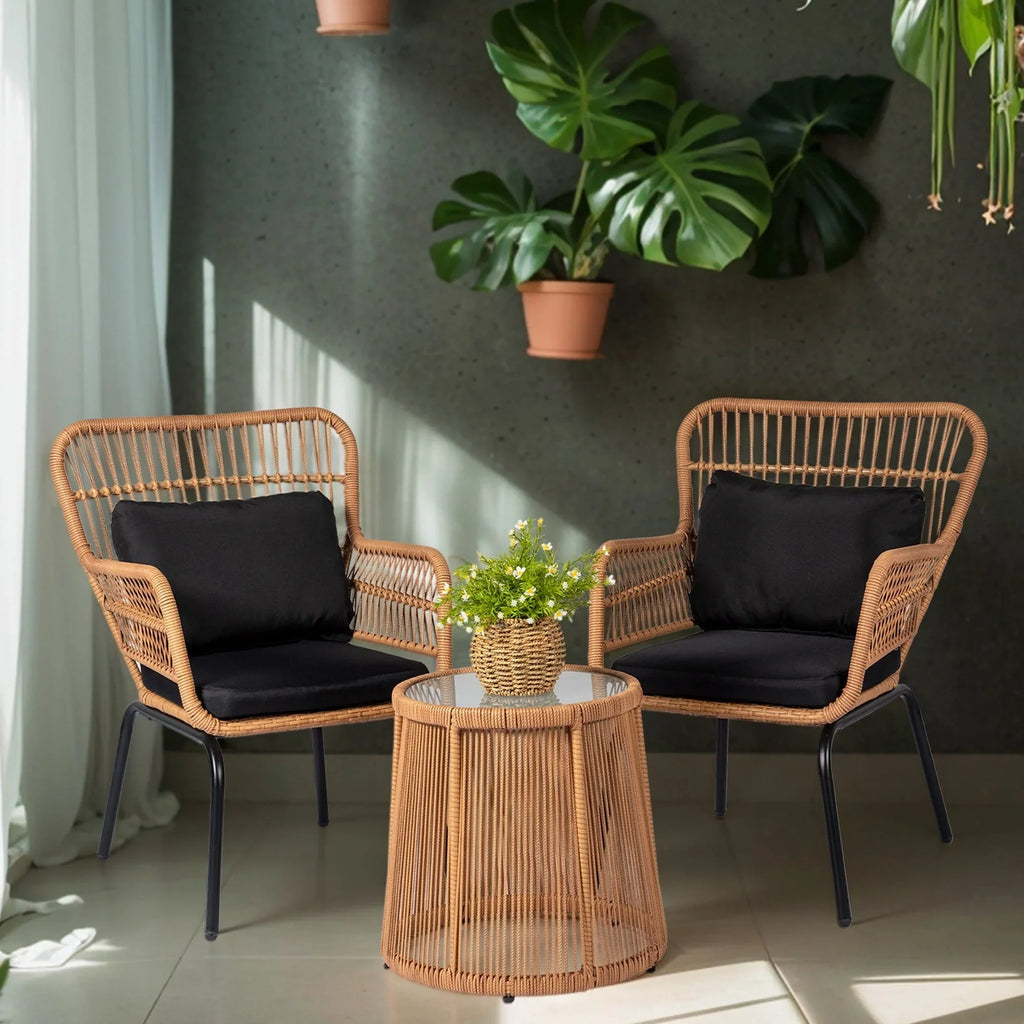 Set da Bistrò per Conversazione da Esterno a 3 Pezzi in Vimini, Set di Sedie da Patio in Rattan per Tutte le Stagioni con Cuscini