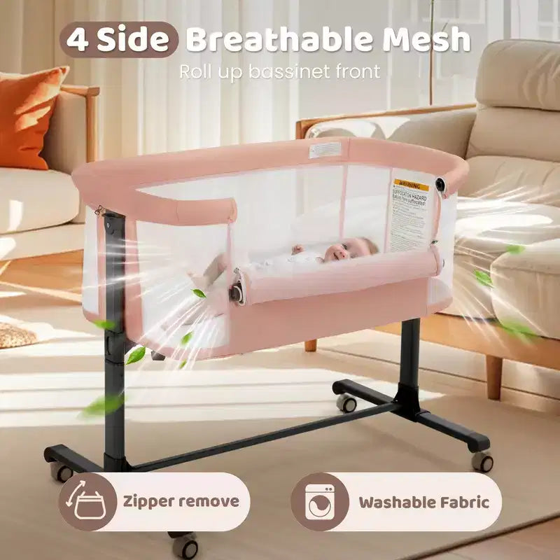 Culla Neonato con Ruote – Beige / Grigio / Rosa, Culla Fianco Letto, per 1 Neonato