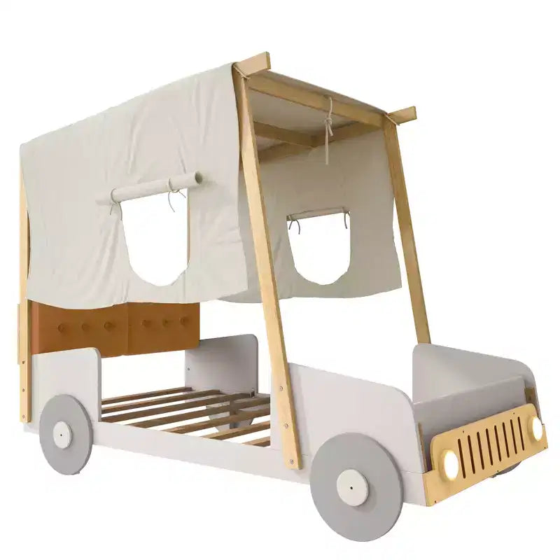 Letto a forma di Auto Whisen in Legno con Cuscino, Baldacchino in Tessuto e LED - Naturale