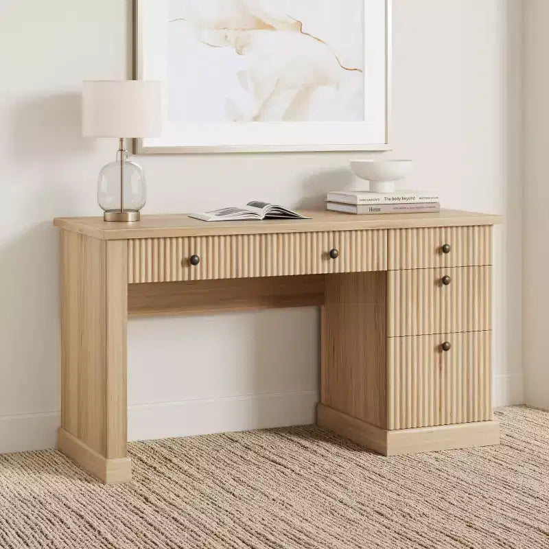 Contenitore scanalato per scrivania da ufficio, scrivania direzionale moderna da 54" con stazione di ricarica, scrivania in legno per computer con cassetti classificatori per studio
