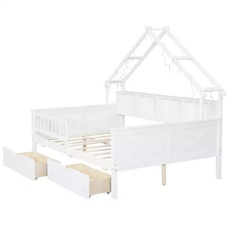 Struttura letto a casetta a grandezza naturale con cassetti, letto a piattaforma a casetta con luci LED, mensole e cassetti portaoggetti, divano letto in legno con tetto e sponda