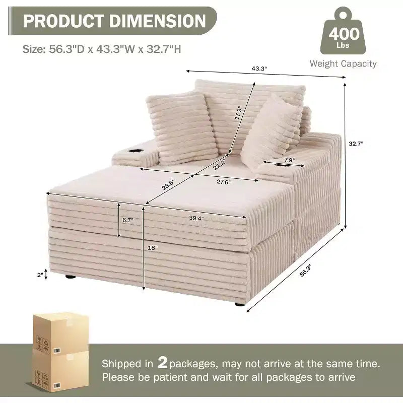 Poltrona chaise longue oversize da interno con pouf contenitore, divano letto in velluto a coste imbottito Cloud Couch con 3 cuscini, poltrona letto singola