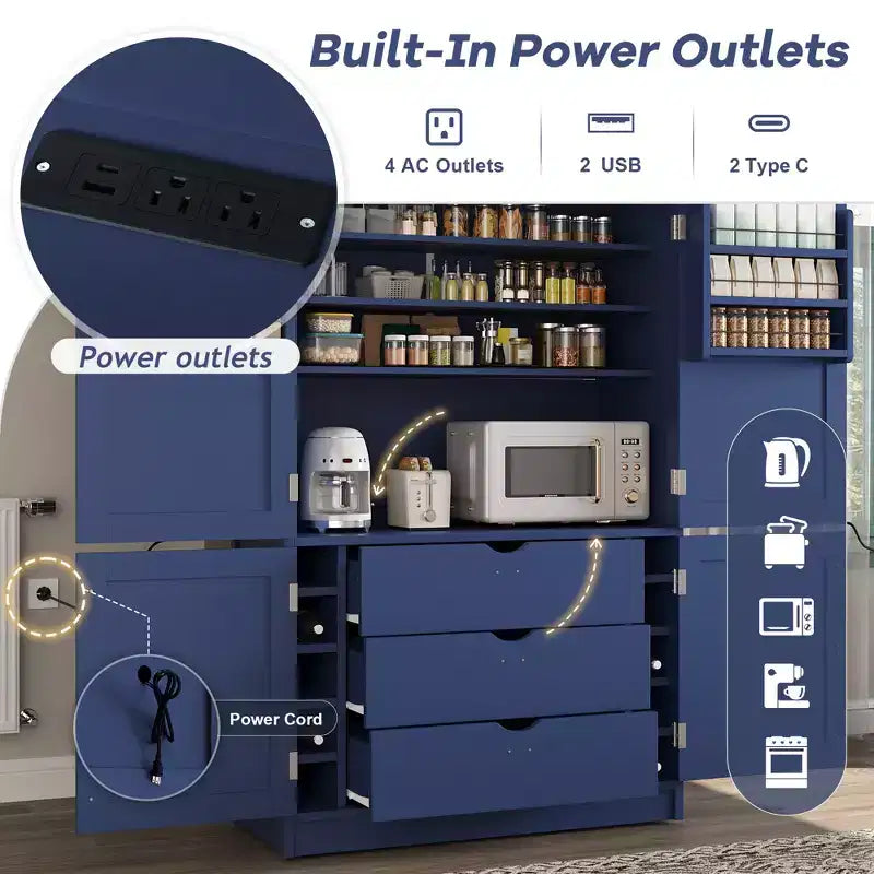 Dispensa Alta da Cucina con Prese di Corrente, Grande Credenza Autoportante con Supporto per Microonde, Cassetti, Scaffali, Portabottiglie e Ante con Ripiani