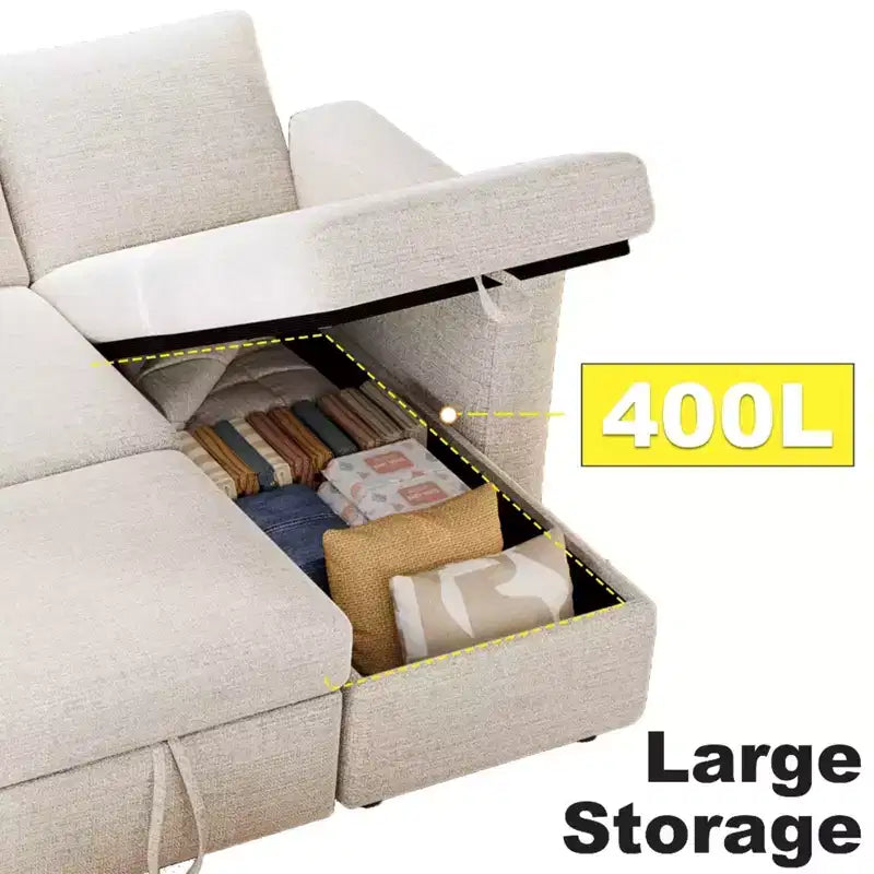 Divano Letto Estraibile 2 in 1 con Chaise Longue Contenitore, Divano Componibile in Ciniglia con Porte USB per Soggiorno