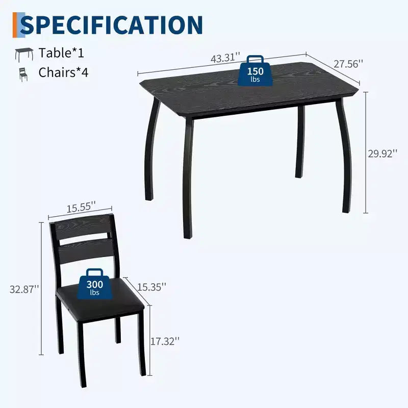 Tavolo e sedie da cucina con struttura in metallo, set da 5 pezzi, con design smussato