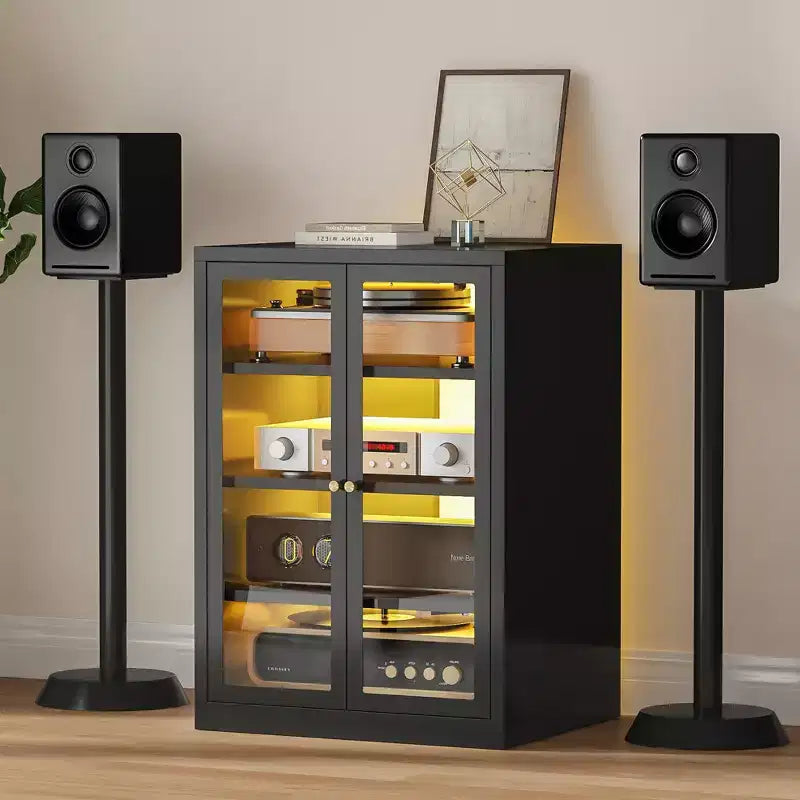 Meuble de rangement pour médias Bekrvio Metal, meuble stéréo à 4 niveaux avec portes en verre et étagères réglables, support audio AV avec gestion des câbles
