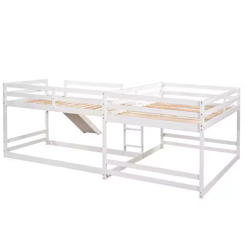 Letto a castello a L per 4 bambini, letto a castello quadruplo con scivolo, struttura in legno full e twin per cameretta dormitorio