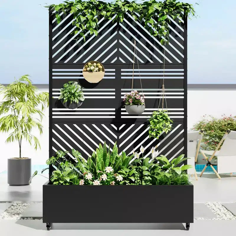 MAYEERTY Fioriera con traliccio in ferro nero Linea parallela 01 Stile combinato classico a persiana 183x119x41 cm Set da 3 pezzi