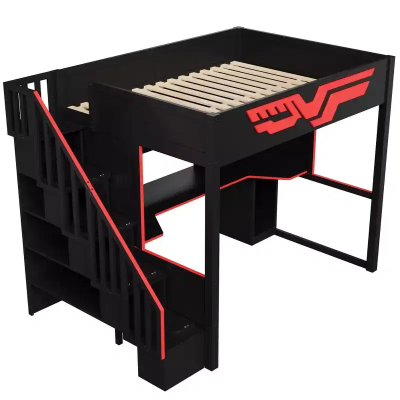 Letto a soppalco da gioco completo con scrivania e luci LED, letto a soppalco alto in legno a una piazza e mezza con scala e scala portaoggetti e USB, rosso+nero