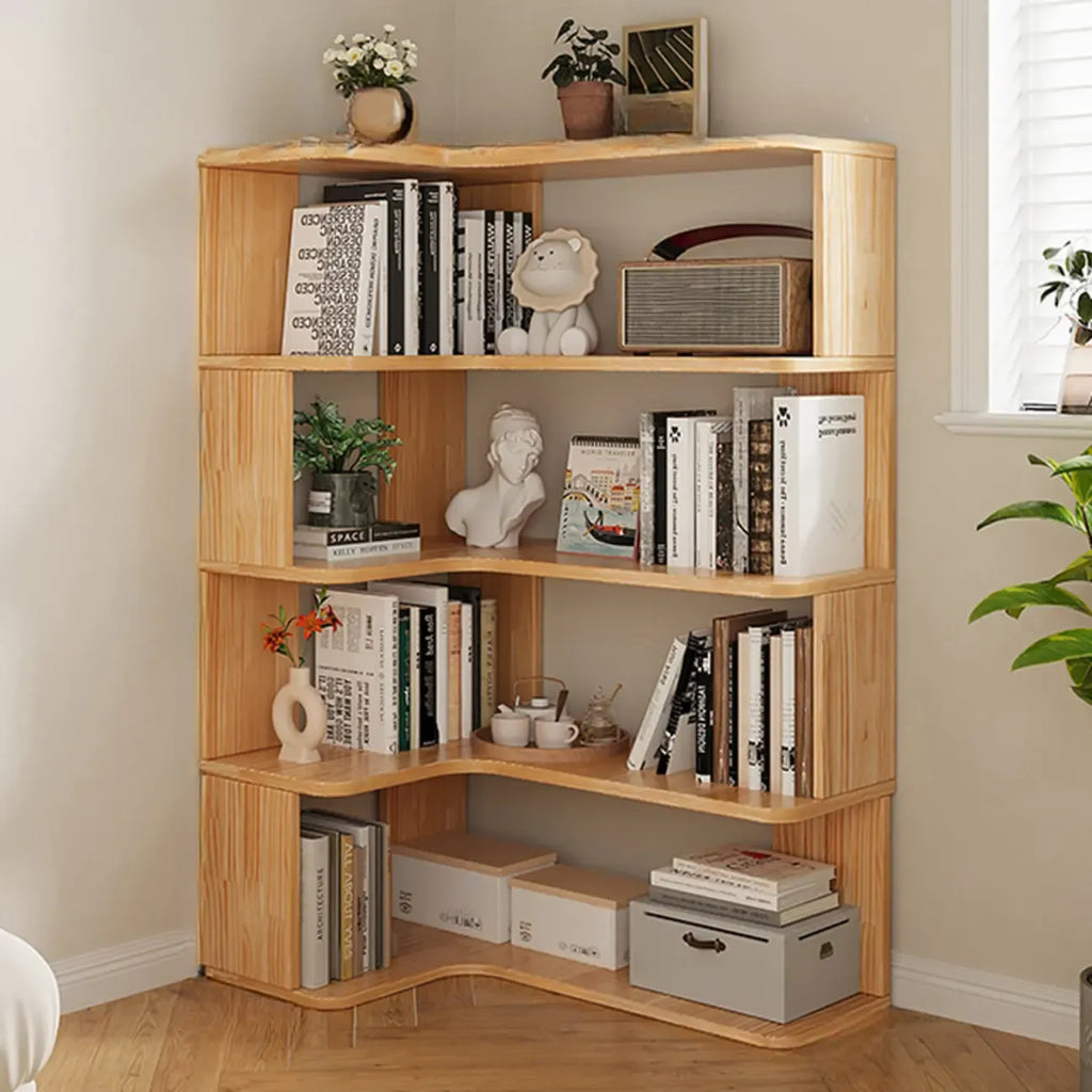 Libreria verticale angolare in legno con schienale aperto e finitura naturale