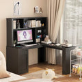 Scrivania a L con presa di corrente, scrivania per computer con cassetti, libreria e mobiletto, scrivania angolare moderna, scrivania per ufficio domestico