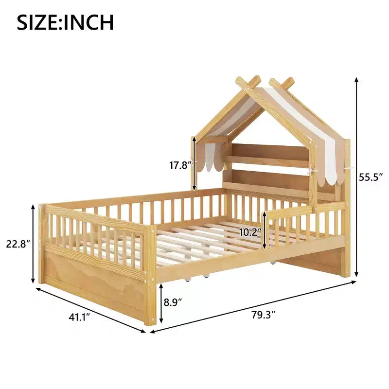 Letto a Capanna ModernLuxe per Bambini, Misura Singola/Piazza e Mezza, in Legno con Testiera Contenitore, Struttura in Pino Massiccio con Sponde di Protezione