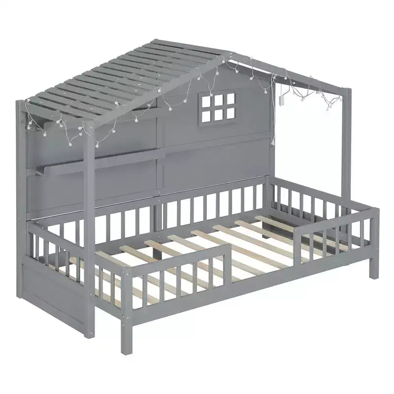 Letto a capanna per bambini con scaffali e sponde, Struttura letto in legno stile Montessori per bambini con finestra e striscia luminosa scintillante