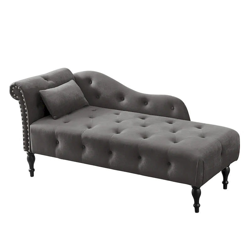 Moderna poltrona a sdraio imbottita in velluto da 60,6" con bottoni capitonné, gambe in legno massello e borchie