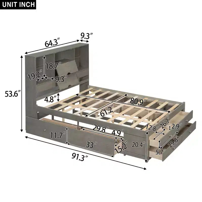 Letto a piattaforma Queen Size con ripiano portaoggetti e 8 cassetti, facile da montare