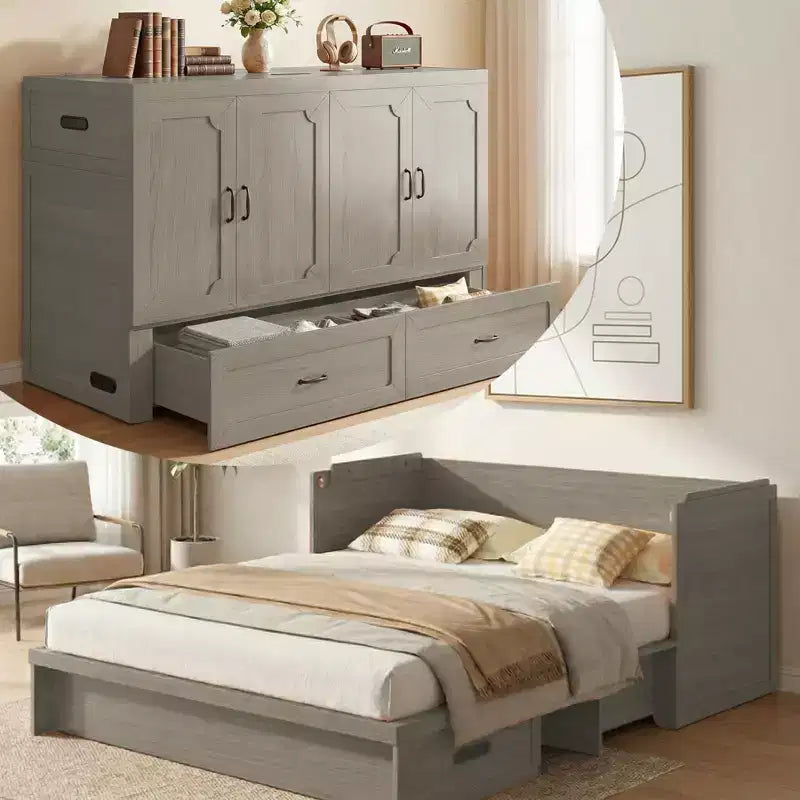 Letto a scomparsa matrimoniale Mjkone con materasso, ricarica USB, cassetti portaoggetti