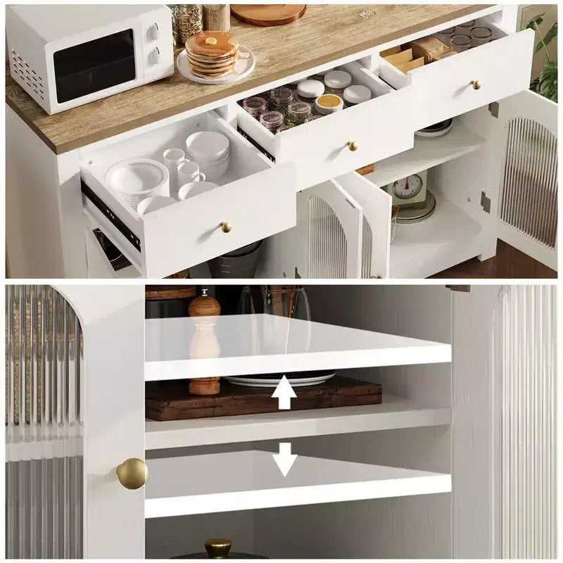 Credenza stretta da 140 cm con 3 cassetti e 4 ante per cucina, sala da pranzo, soggiorno