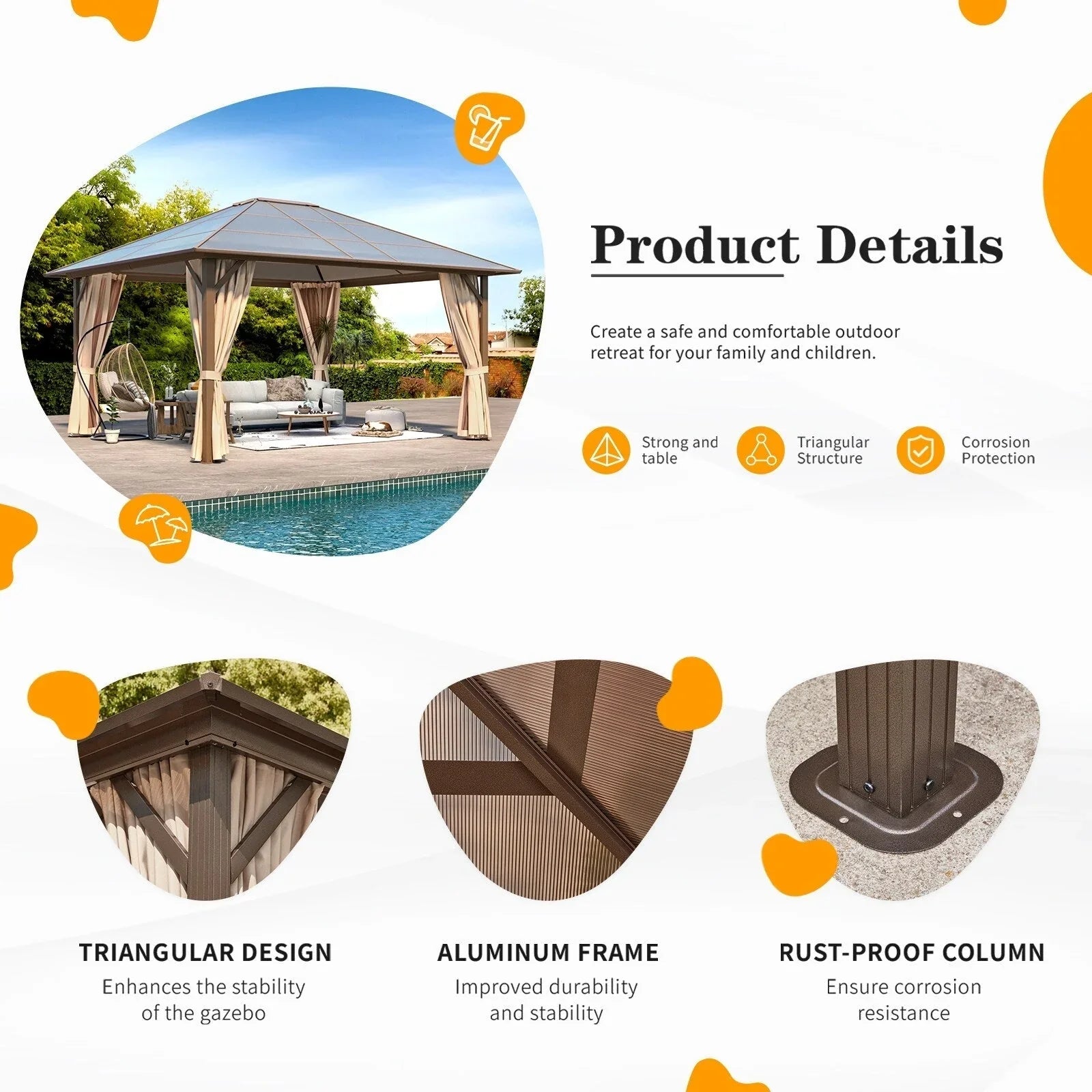 EROMMY Gazebo a tetto rigido, Pergola da esterno con doppio tetto, zanzariere e tende, Tenda da sole resistente per patio, cortile, feste in piscina