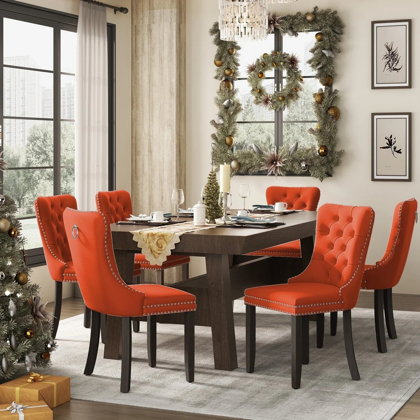 Sedie da pranzo imbottite in velluto trapuntato con gambe in legno massello, set da 6