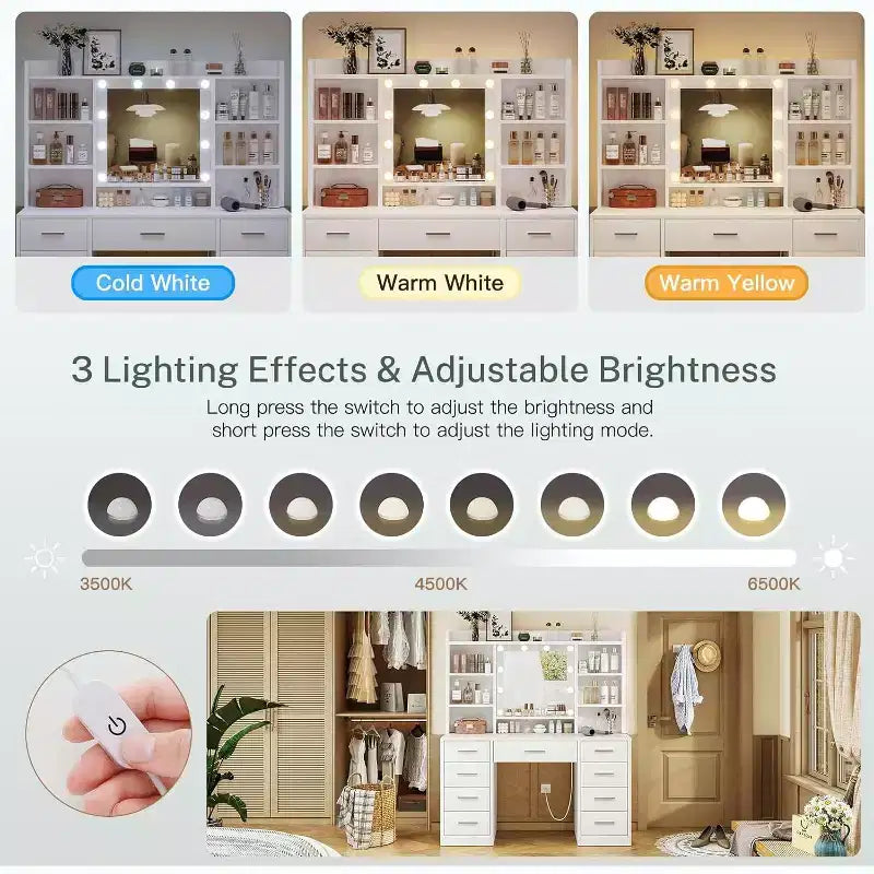BALHAM TRADE-Toeletta con Specchio e Luci 9 Cassetti 6 Scaffali 3 Modalità di Illuminazione Luminosità Regolabile