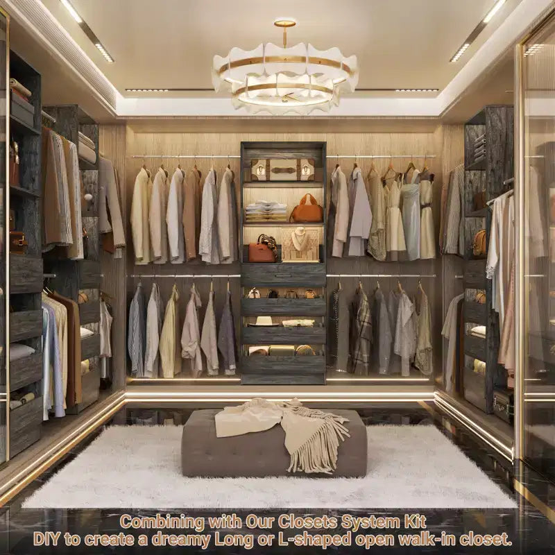 Besiost Sistema Organizer per Armadio in Legno 4-9 piedi con 4 Cassetti, 4 Aste Appendiabiti e Torri Scaffale
