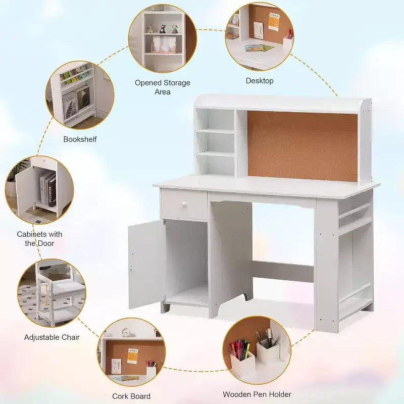 Scrivania per bambini, set scrivania e sedia per ragazzi e ragazze, tavolo da scrittura per bambini in legno con libreria, bacheca, armadietto e cassetto per età 3-8
