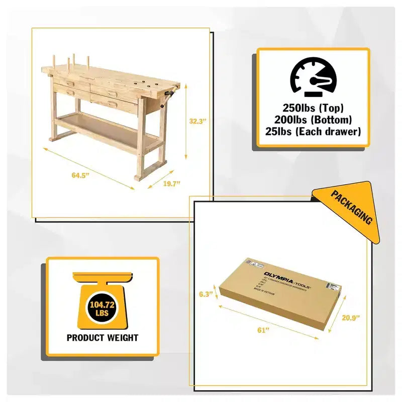 Olympia Tools Banco da Lavoro in Legno di Gomma, 4 Cassetti, Capacità di Carico 204 kg