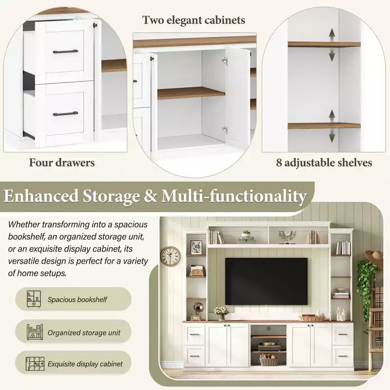 ModernLuxe Mobile TV da Parete 4 in 1 per Stile Rustico, Adatto a TV Fino a 70 Pollici, Consolle Multimediale con Ripiani Regolabili e Cassetti