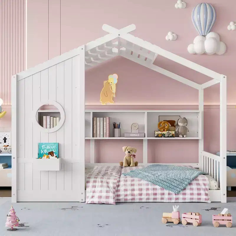 Struttura Letto a Piattaforma per Bambini Doppia/Matrimoniale Letto da Terra per Bambini Letto Montessori Letto a Casetta con Ripiano Portaoggetti - ModernLuxe