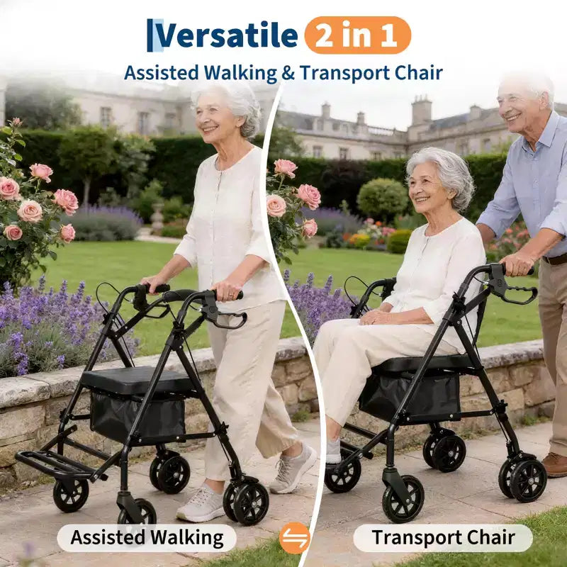 Sedia a rotelle pieghevole portatile per adulti, capacità 135 kg, 6 ruote, altezza regolabile, vano portaoggetti sotto il sedile, sedile comodo e pedale poggiapiedi