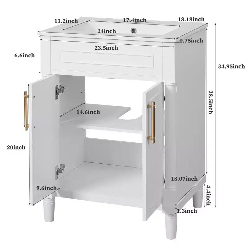 Mobiletto da bagno 61 cm con lavabo in ceramica, mobile stile shaker, 2 ante con chiusura ammortizzata, struttura in legno massello per bagno piccolo o bagno di servizio