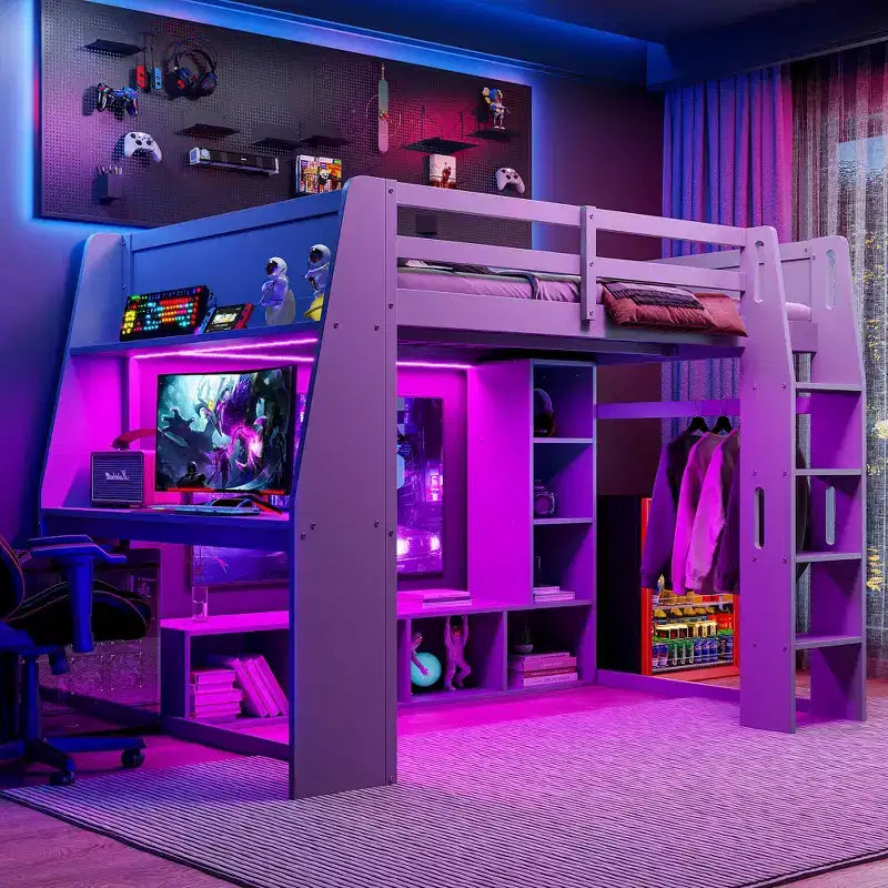 Letto a soppalco da gaming Whisen Wood, formato singolo, con scrivania, mensole multi-storage, LED e un appendiabiti