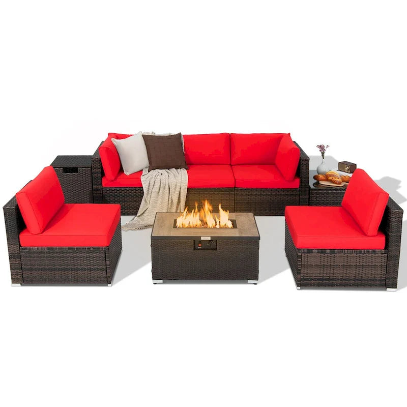 Set di mobili da giardino in rattan da 8 pezzi con braciere, supporto per bombole e copertura