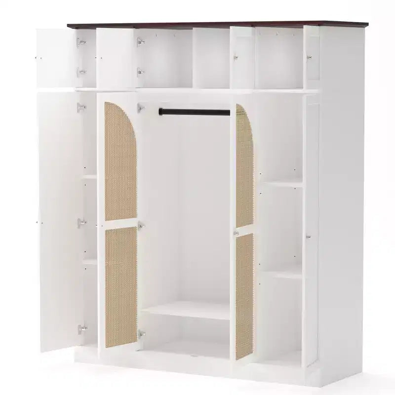 Armadio Guardaroba a 8 Ante di Grande Capacità, Alto 180 cm, con Asta Appendiabiti, Ripiani Regolabili e Ante Decorative in Rattan